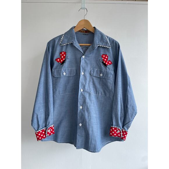 Vtg 70's Holly Hobbie Chambray Button Up Shirt Applique Butterfly Cottagecore - Picture 3 of 8